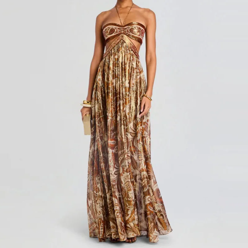 Vestido de playa bohe elegante con espalda descubierta y cordones, vestido de fiesta con estampado de patrón Vintage, vestido largo plisado sin mangas con cuello Halter sexi para mujer