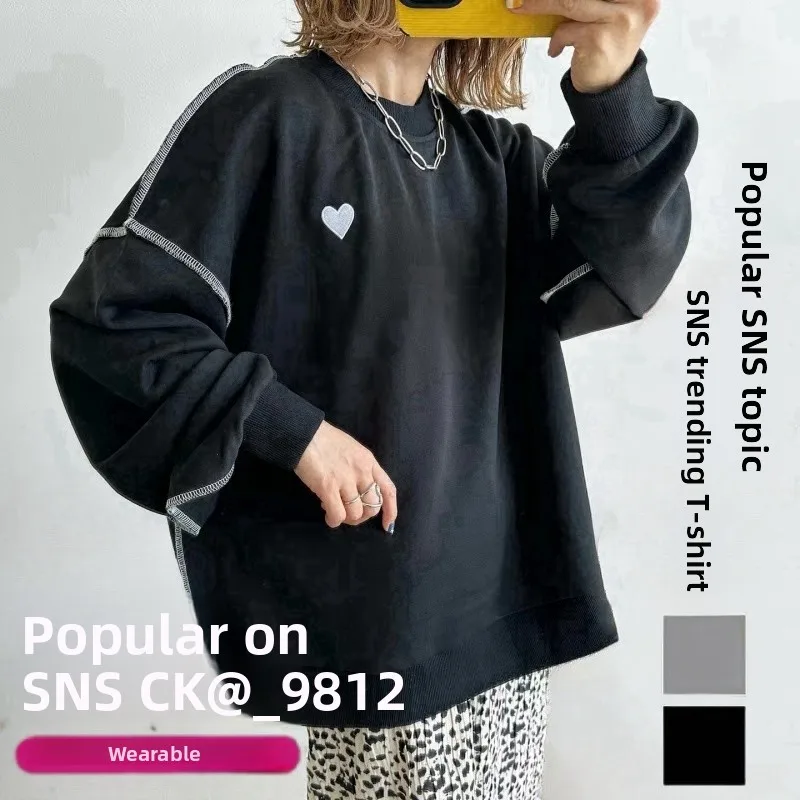 루즈핏 롱 스웨트셔츠 여성용 라운드 넥 하트 자수 어깨 드롭 디자인 한국 스타일 편안한 핏 스트리트웨어