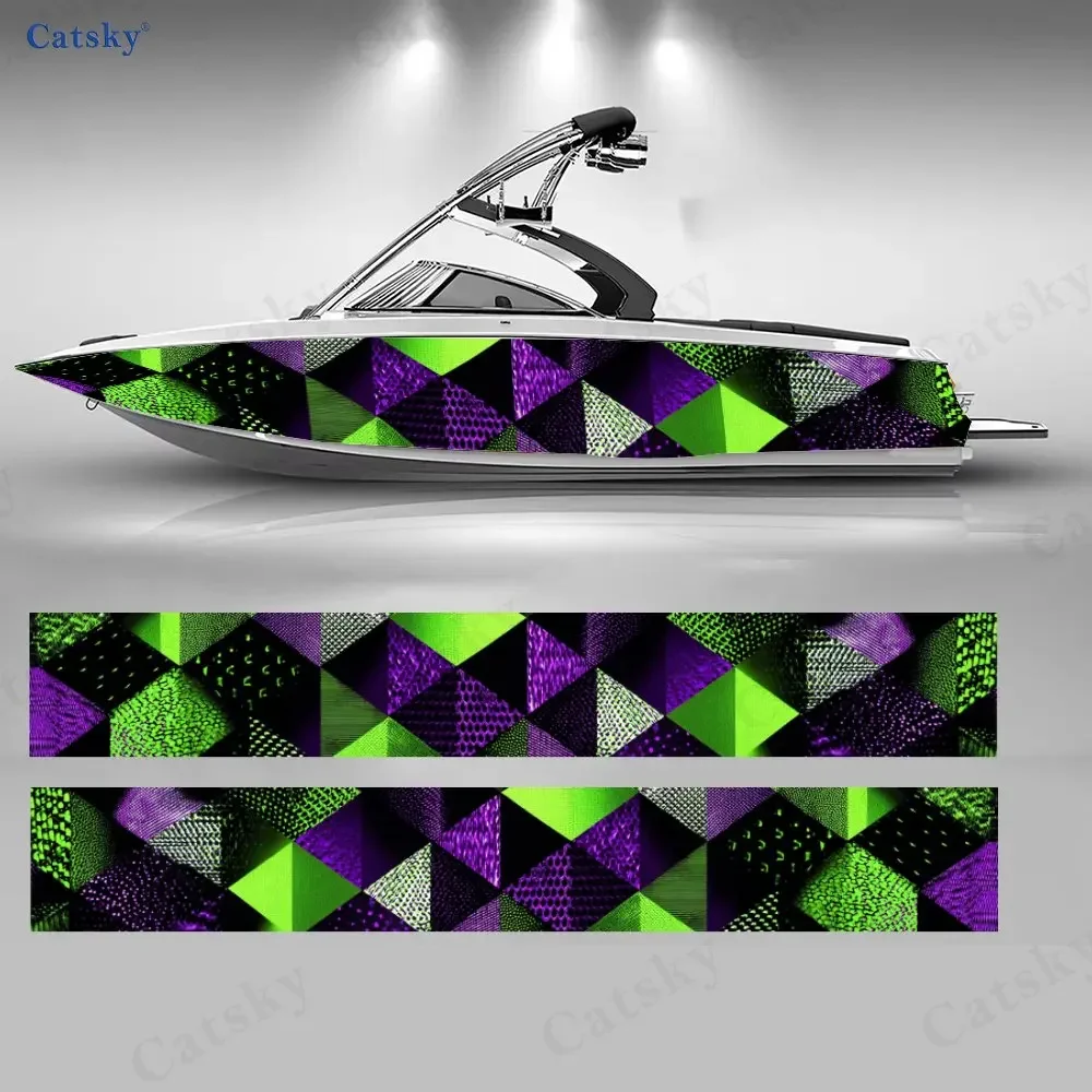 Purple-Green Scale Checker Boat Stickers, PVC Waterproof Durable Vinyl Wrap Decals for Fishing Boats, Durable and Stylish Design