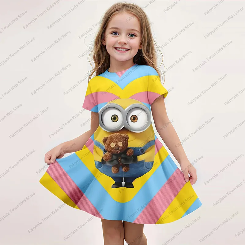 MINISO New Summer Girls Dress Cartoon Minions Party Casual Home Dresses For Children Girl 3D Print Short Sleeves Women Dress