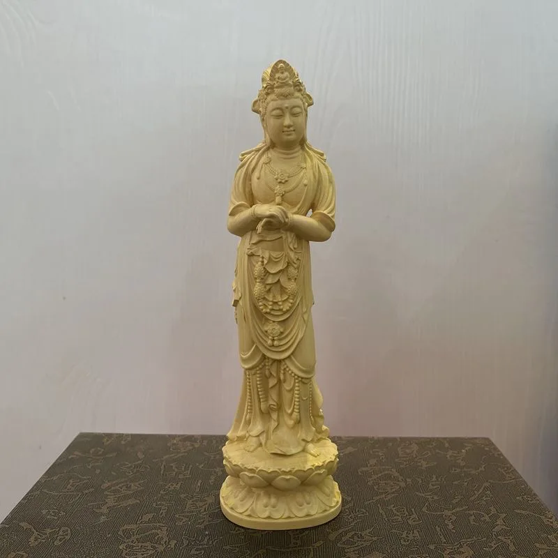 Large leaf boxwood cliff cypress wood carving, home worship, free spirited figures, Avalokitesvara Bodhisattva Buddha statue han