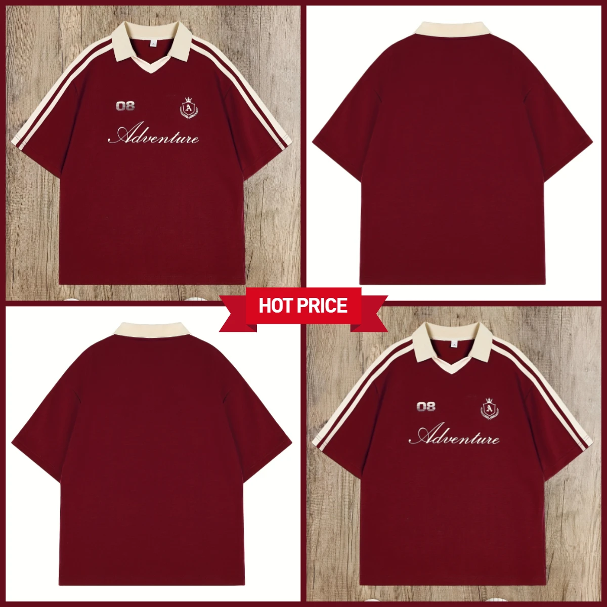 

Men's Vintage Athletic T-Shirt - Deep Red & maroon Print stripes, collar, Non-Stretch Fabric for Sports & Casual Wear