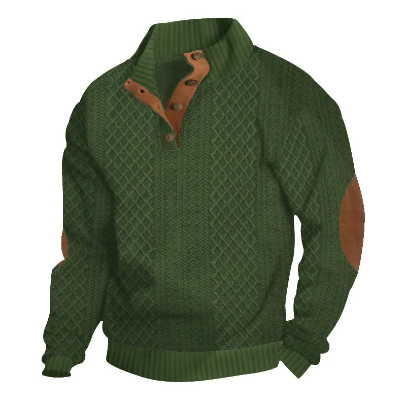 Herren Jacquard-Pullover mit Stehkragen, Ellenbogen-Patches, Langarm, lässiger Strick-Sweatshirt – Detail 6