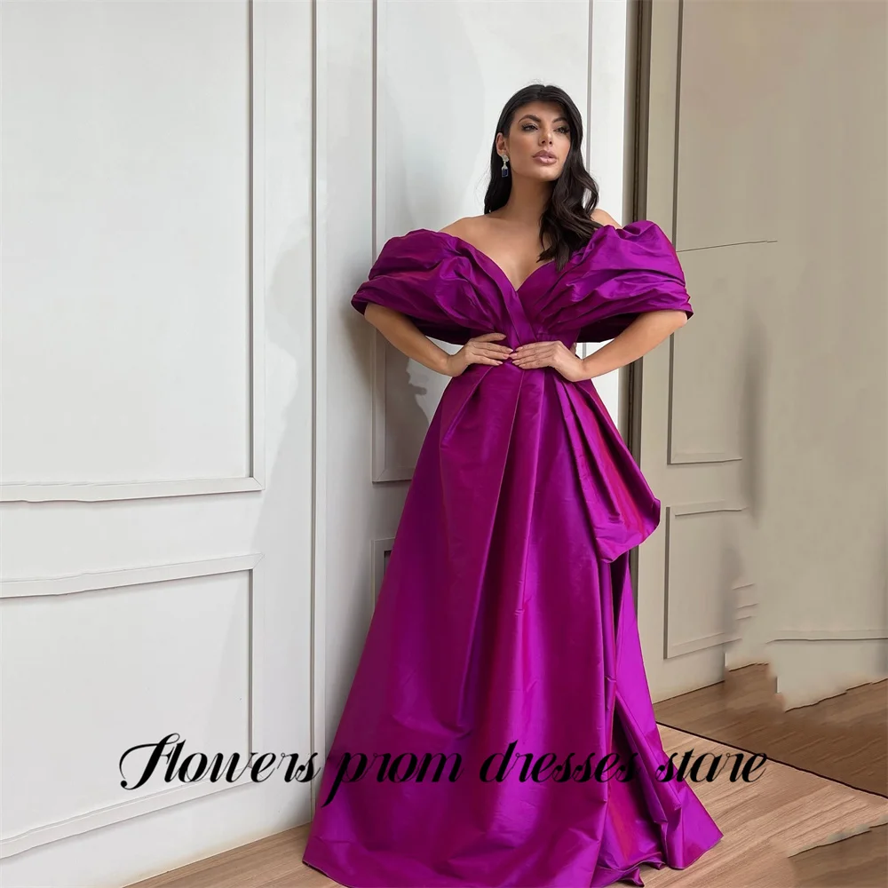 

Flowers Magenta Party Dress Voluminous Sleeve فساتين السهرة Off Shoulder Night Dress Satin Prom Dresses Customized