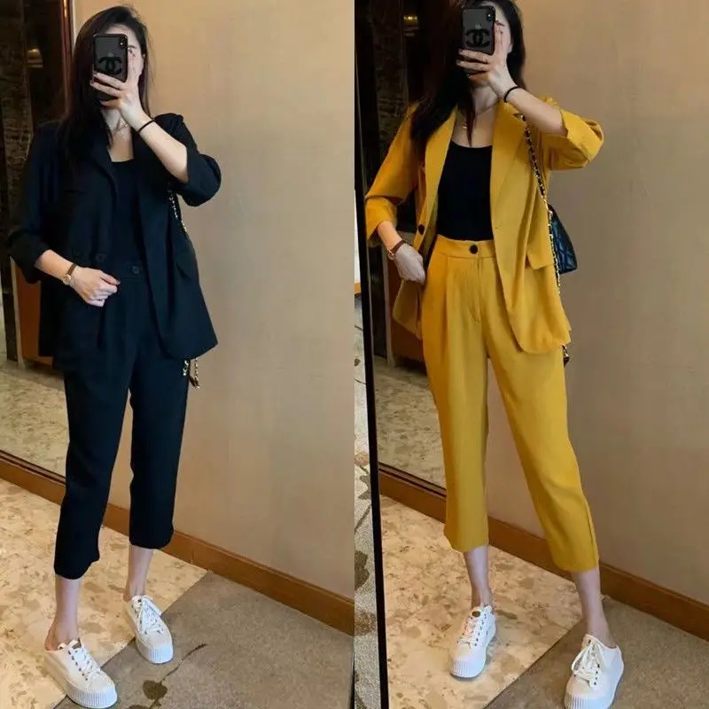 Women\'s 2 Pant Set Capris and Outfits Blazer Casual Two Pieces Sets Pants for Woman Y2k Streetwear Trousers Suits Korean Style D