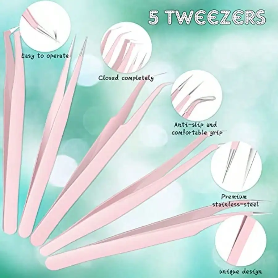 5 Pcs Tweezers For Eyelash Extensions Pink Volume Lash Tweezer Stainless Steel Curved Pointed Eyelash Lash Tool With Box For Women Makeup Beauty Accessories sb260623151482138892786