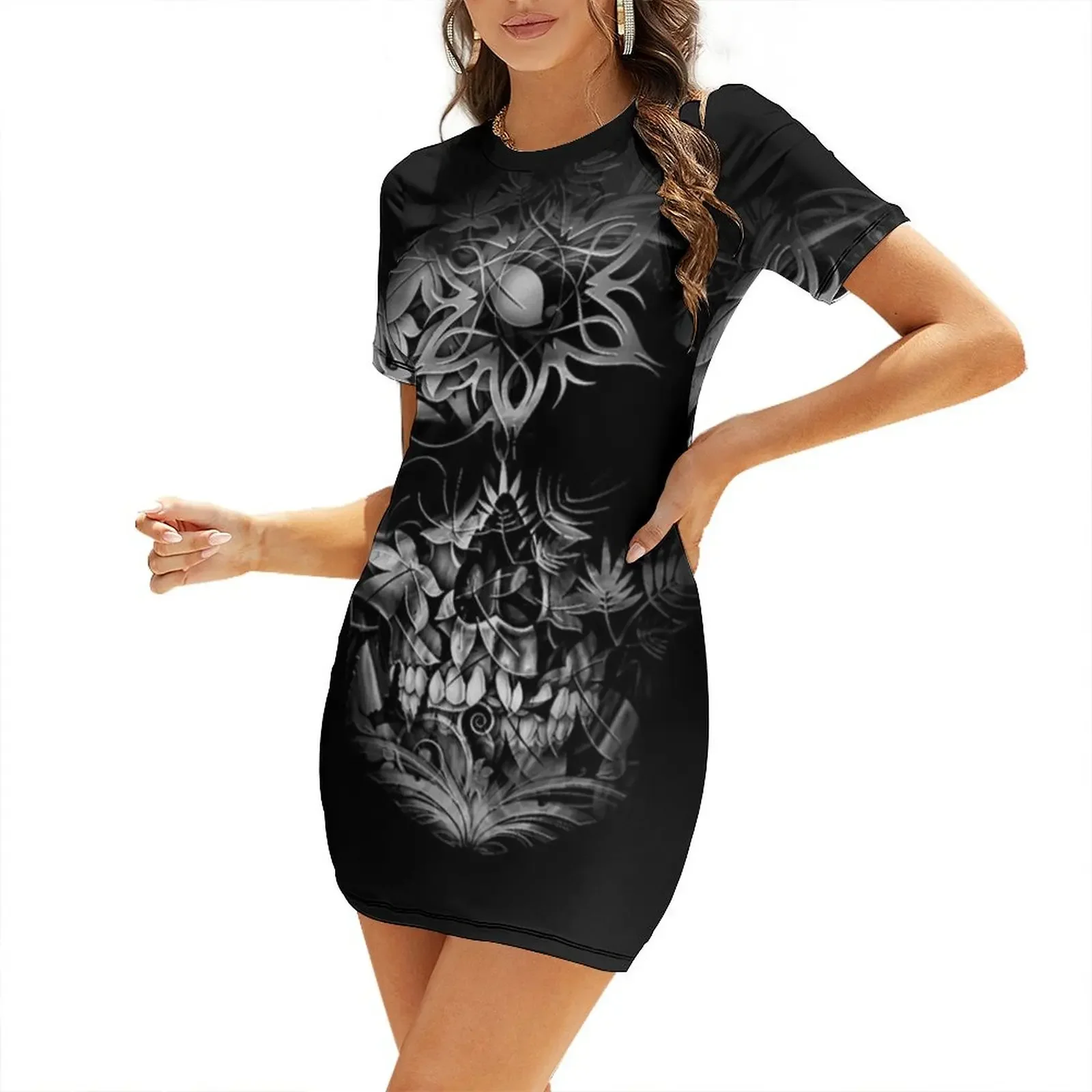 Chrome Flowers Skull Design Short-Sleeved Dress Dance dresses sexy dress Casual dresses birthday dresses for women