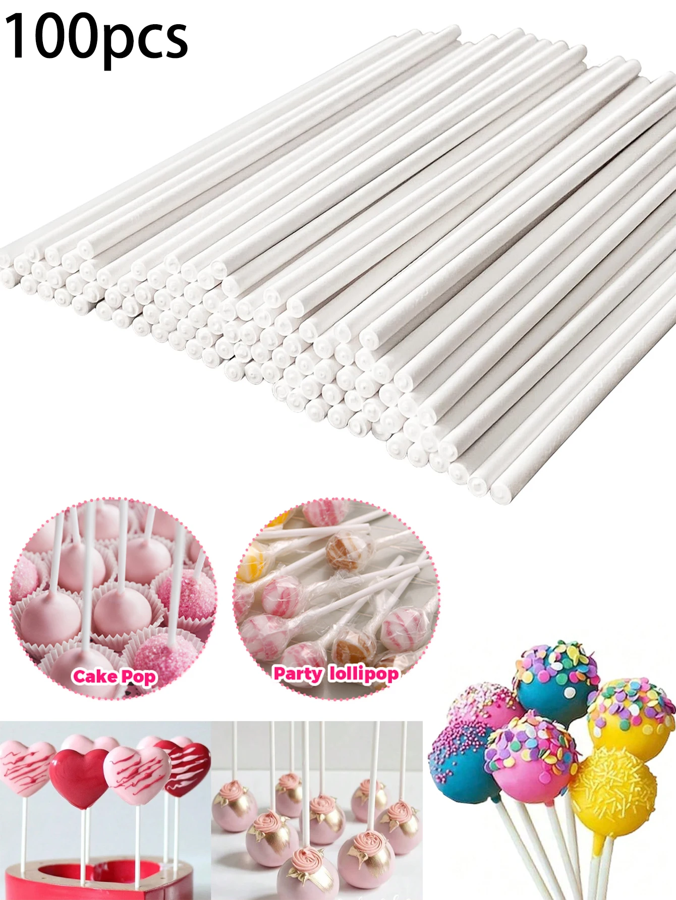 100pcs Paper Lollipop Sticks (80mm,100mm,150mm),Homemade Cake Pops Sticks Display Holder,(Not A Straw)Reusable,For DIY Crafts