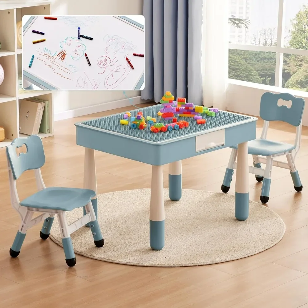 4 in 1 Kids Table and 2 Chairs Set with Storage, Toddler Table and Chair Set for Kids Ages 3-10, Graffiti & Building Blocks