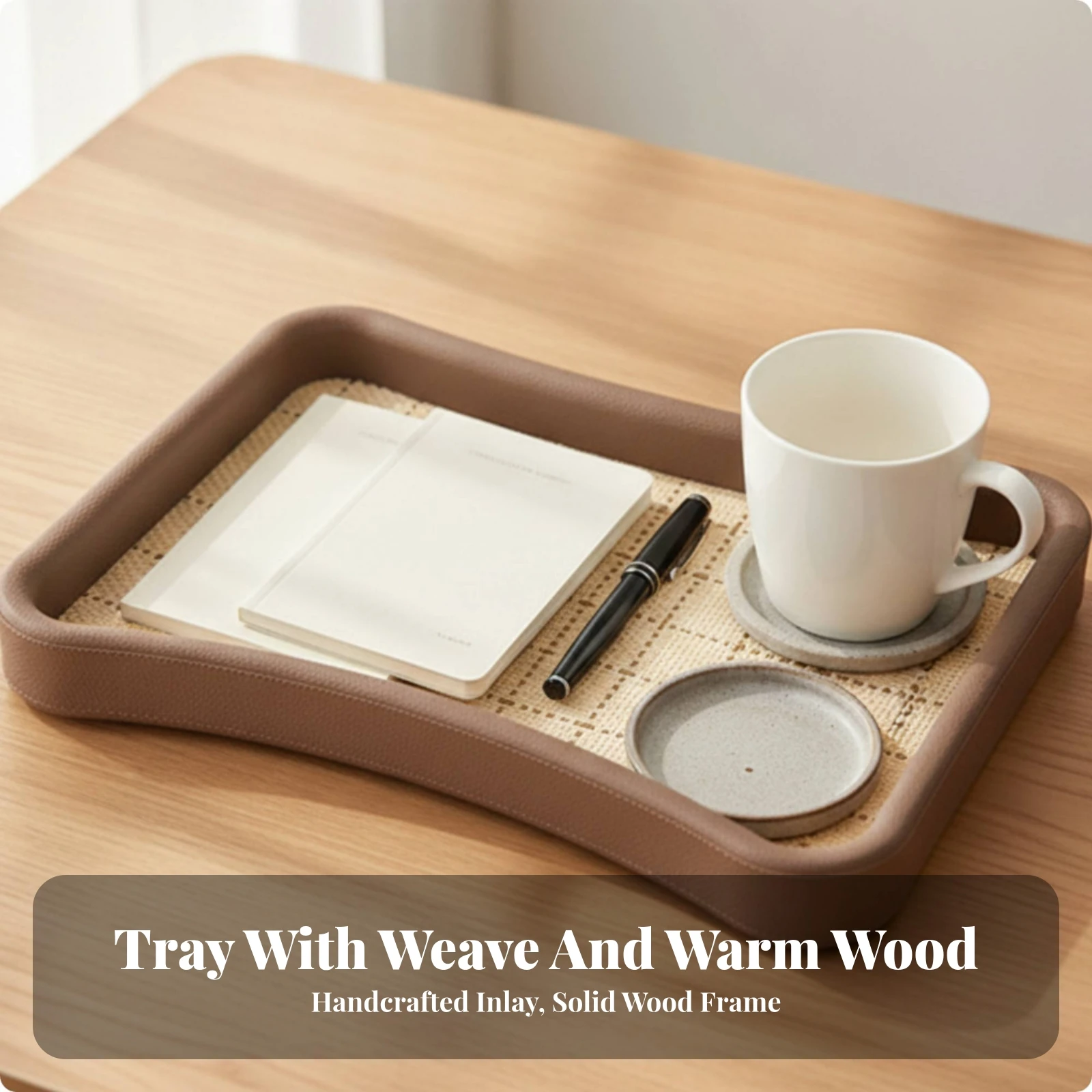Tray with Woven Surface Insert Natural Wood and Leather Tray Sturdy Rustic for Desktop Organization, Living Room
