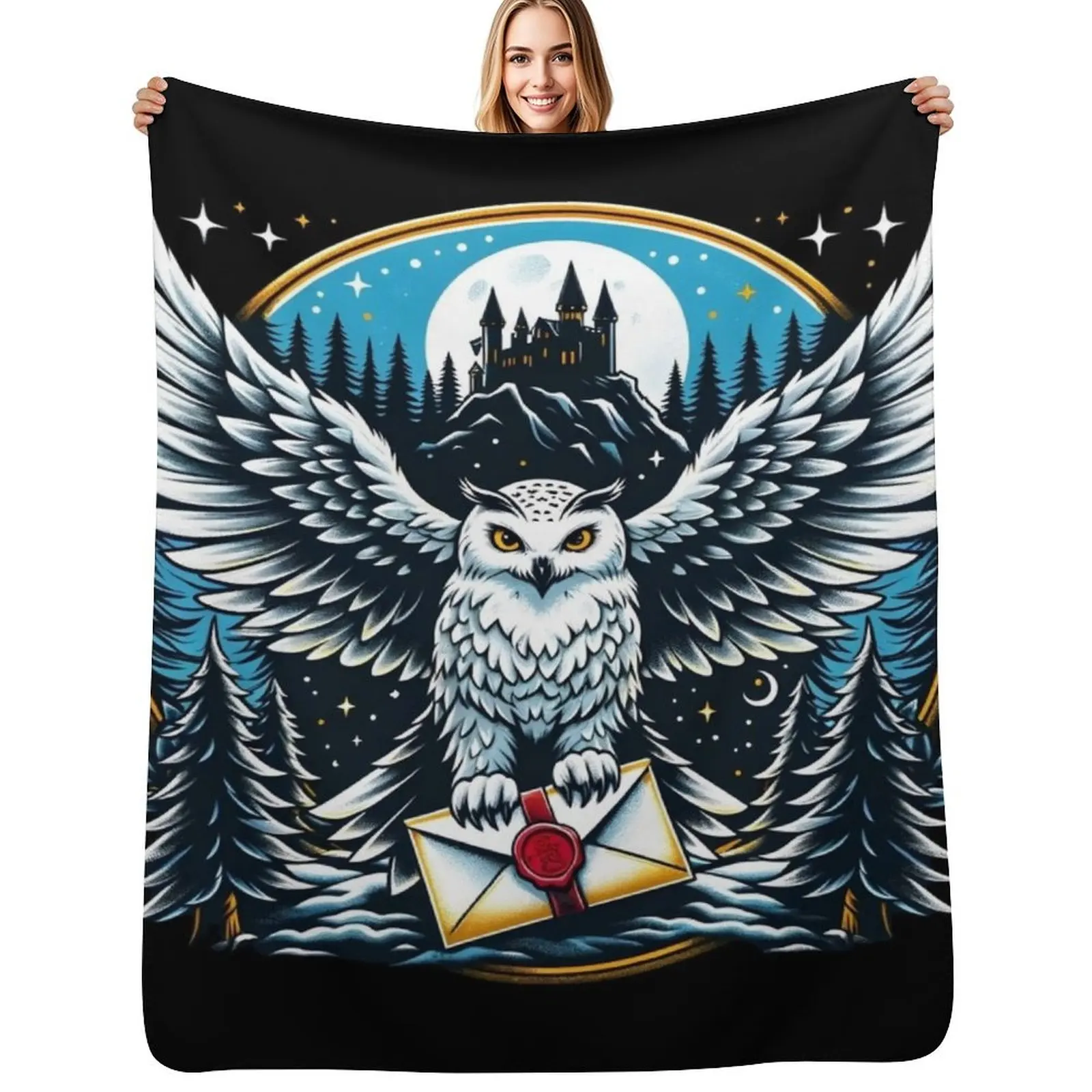 

An Owl Messenger in a Mystical Night - Fantasy Throw Blanket Bed Giant Sofa Plaid on the sofa Cute Blankets