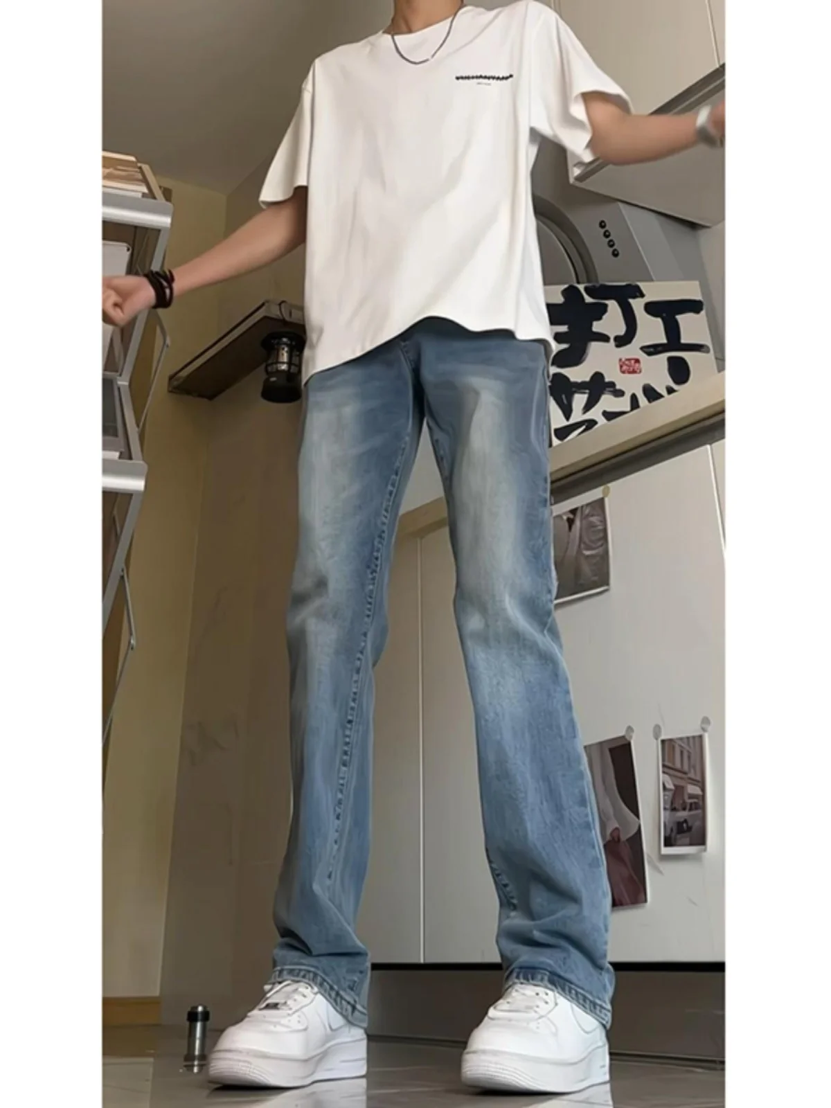 

Light Blue Straight Leg Men's Denim Jeans mid High Waist Lift up Sle American Retro High Street Vibe Micro Flared Pants