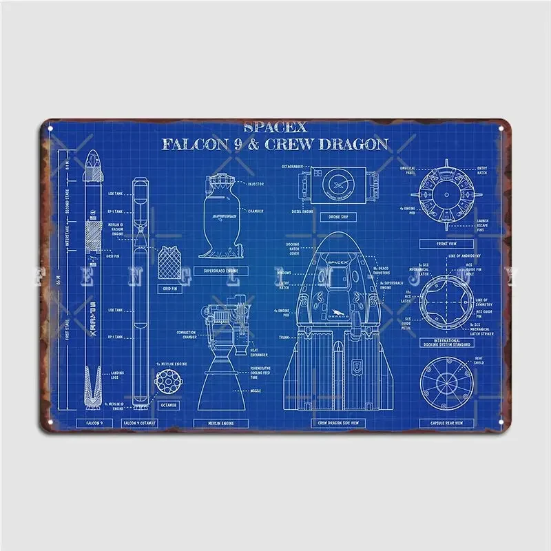 Spacex: Falcon 9 And Crew Dragon Blueprint-English Metal Sign Pub Garage Club Classic Painting Décor Tin Sign Poster