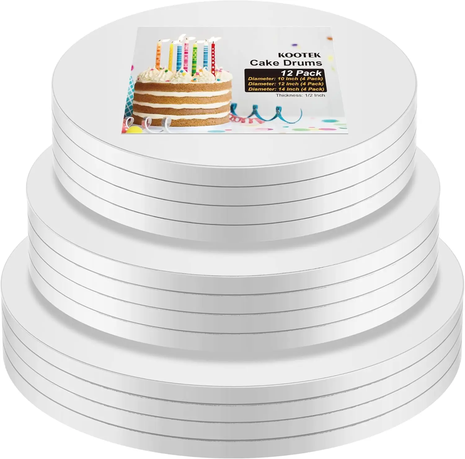 

12-Pack Cake Drums Set: 10, 12, 14 Inch Round Sturdy Cardboard Bases for Baking & Decorating