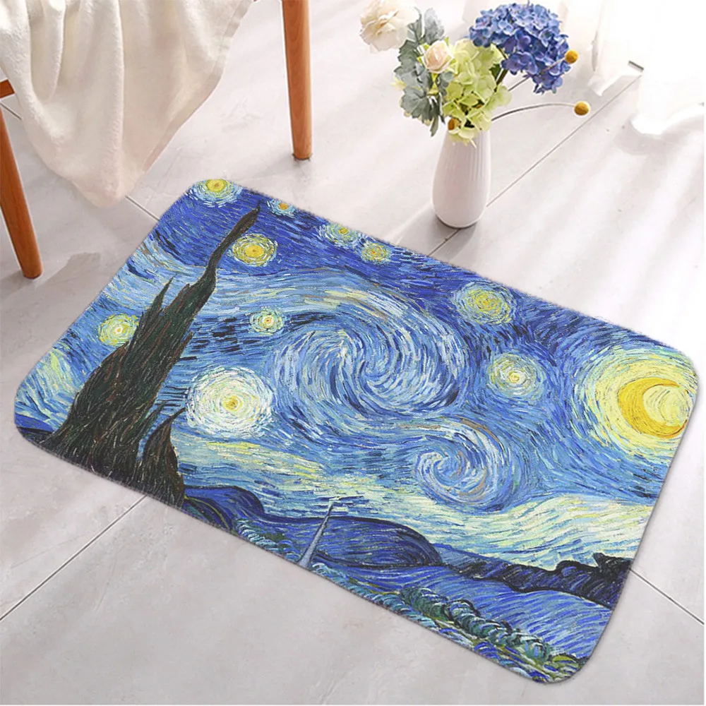 

HX Fashion Flannel Door Mats 3D Van Gogh Oil Painting Sunflower Starry Night Floor Rugs Carpet Kitchen Mat Dropshipping