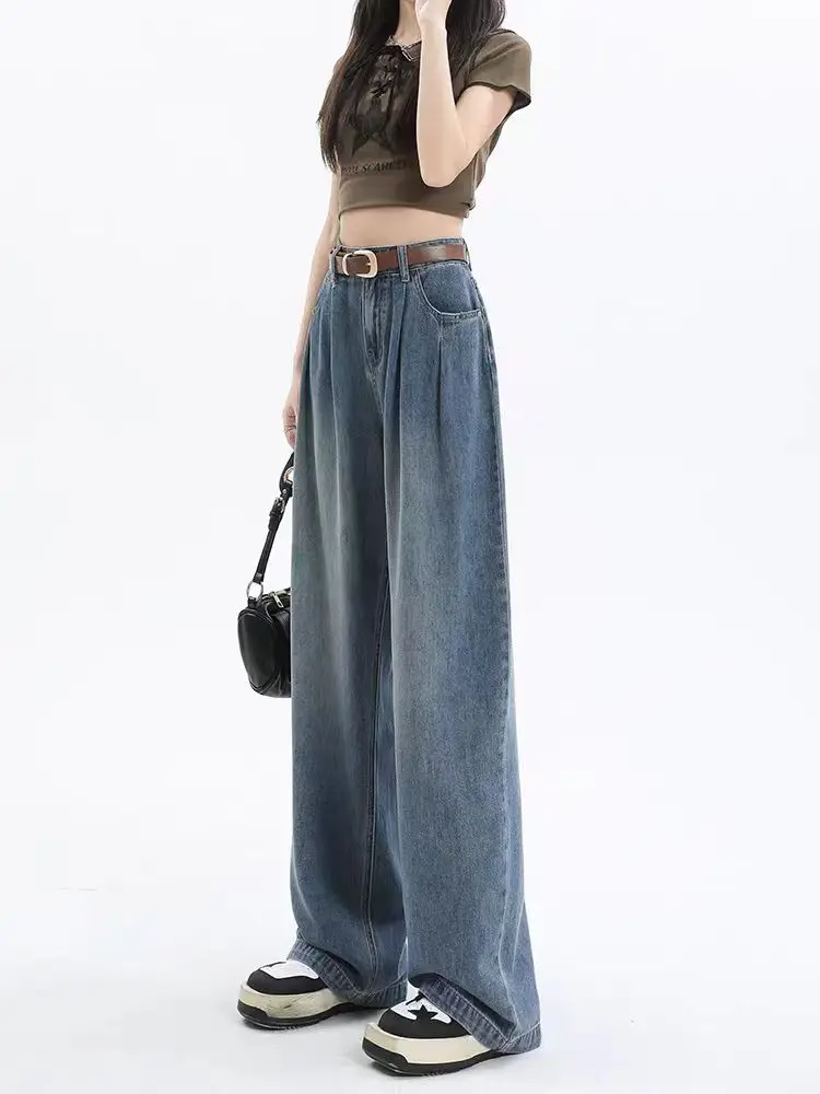 

Джинсы с высокой талией и широкими штанинами, женские весенне-осенние новые плиссированные свободные брюки длиной до пола, винтажные синие брюки