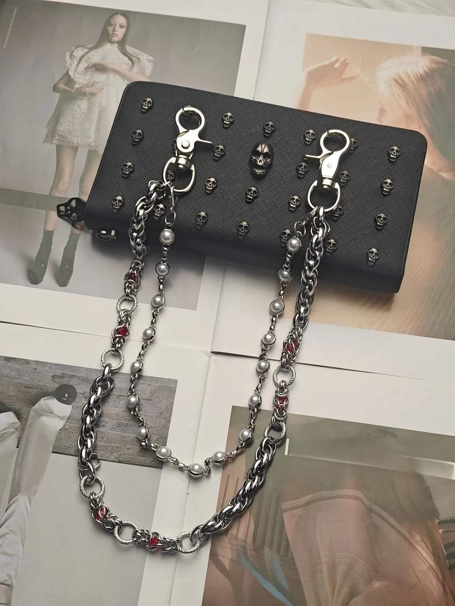 Y2K Gothic Dreischichtige Hosenkette, Edelstahl Perle Roter Strass, Unisex Geldbörsenkette Süßes Cooles Street-Accessoire – Detail 9