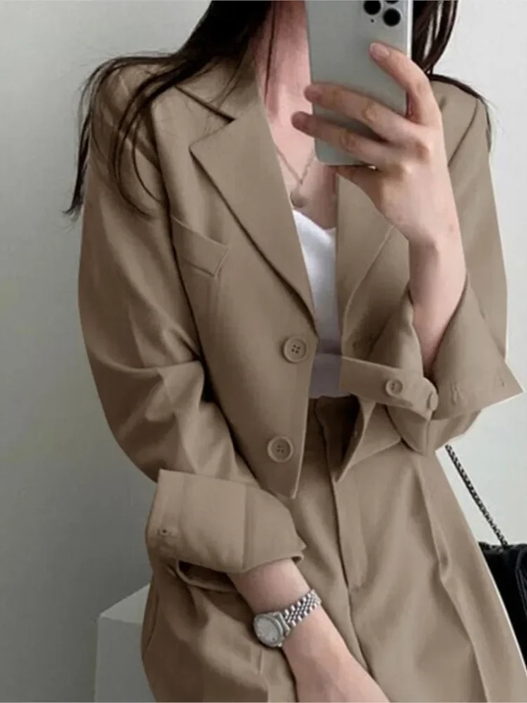 Dames Effen Casual Pakken Blazer Jasje Wijde Pijpen Hoge Taille Broek Office Lady Herfst Lente Crop Tops Jassen Tweedelige Sets