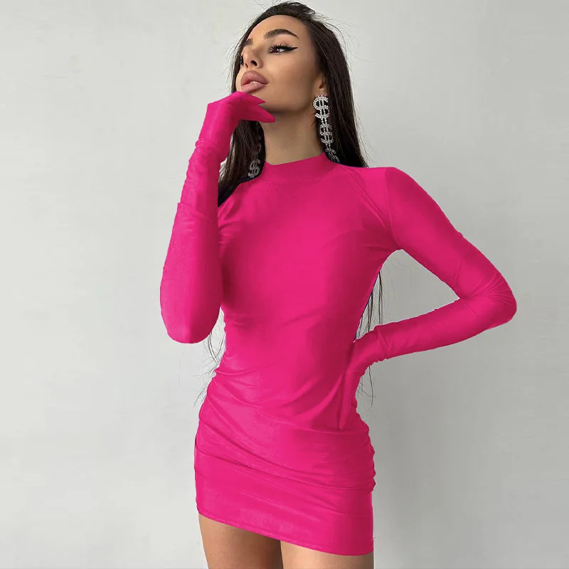 ​ ​ 2025, bodycon-jurk voor dames, lange mouwen, ronde hals, handschoenen, minimalistisch, effen kleur, casual outdoor-schakeljurk, herfstmode ​ ​