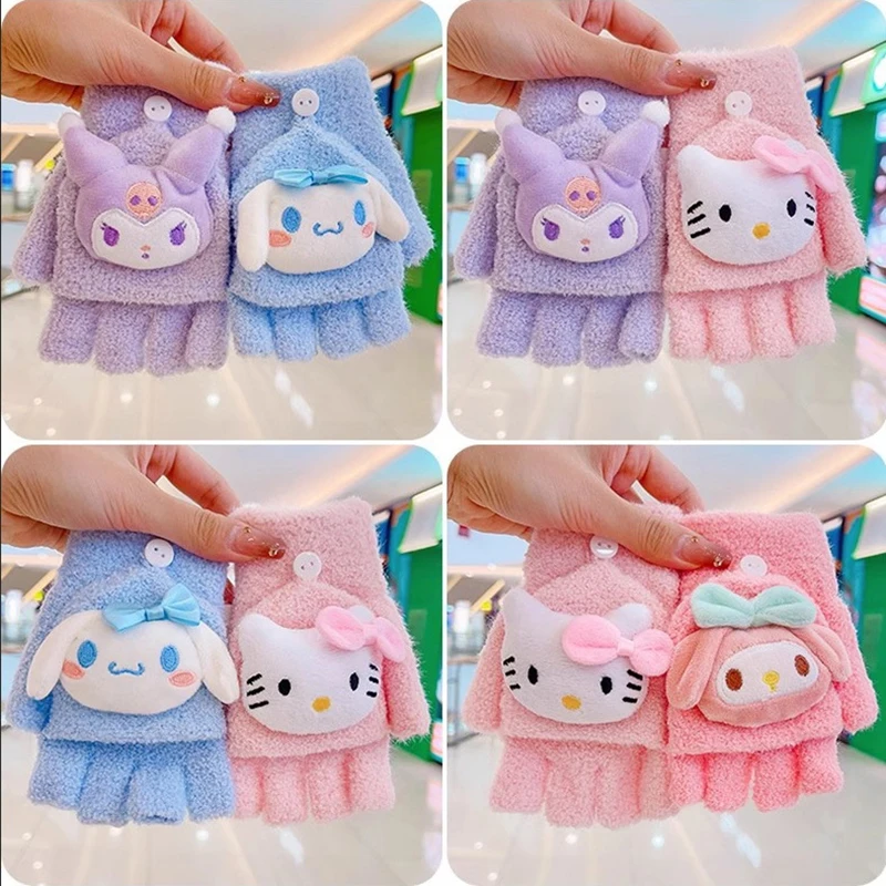 Hello Kitty Sanrio Cinnamoroll Kuromi Winter Plush Flip Gloves To Keep Warm And Cold-Proof Girls Cute Cartoon Gloves Fingerless