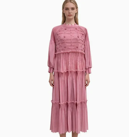 Miyake plissado em camadas vestido nicho design jacquard tecer doce solto vintage moda elegante 2026 primavera verão novo tamanho livre