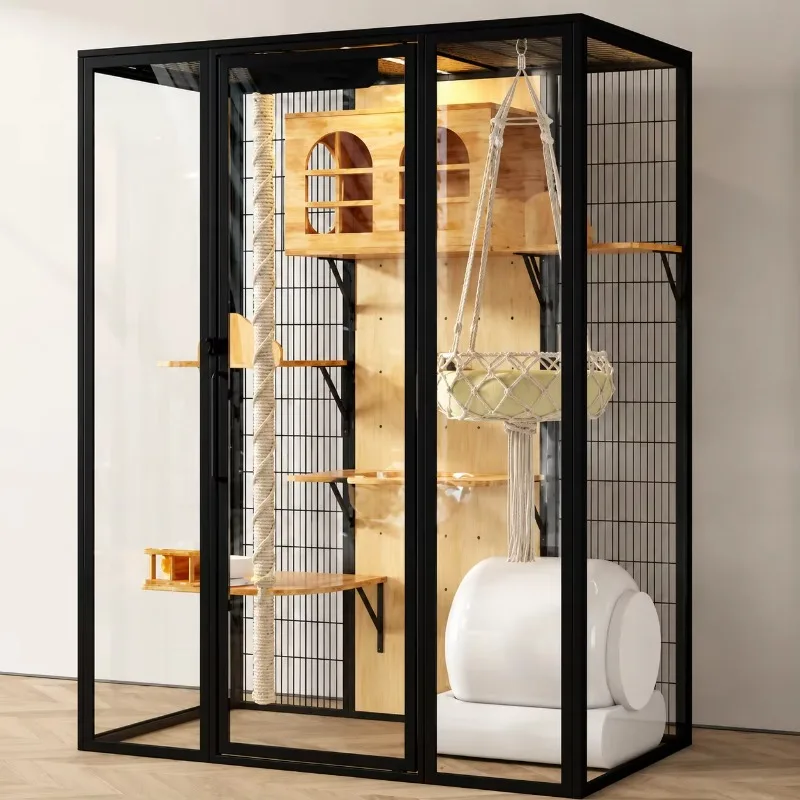 Custom Packaging Pet Supplies Lockable Single Door Movable Rolling Base Cat Cage Villa