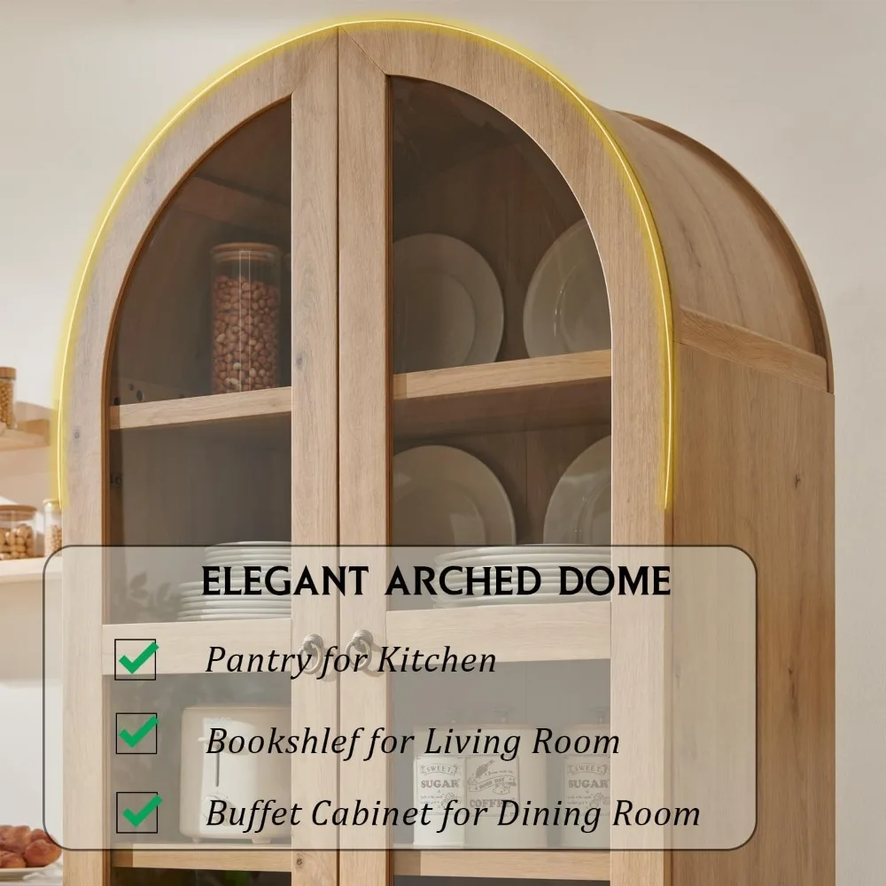 71" Tall Arched Kitchen Pantry, Modern Farmhouse Wood Kitchen Storage Cabinets with 2 Large Drawers and Adjustable Shelves, Vers image 4