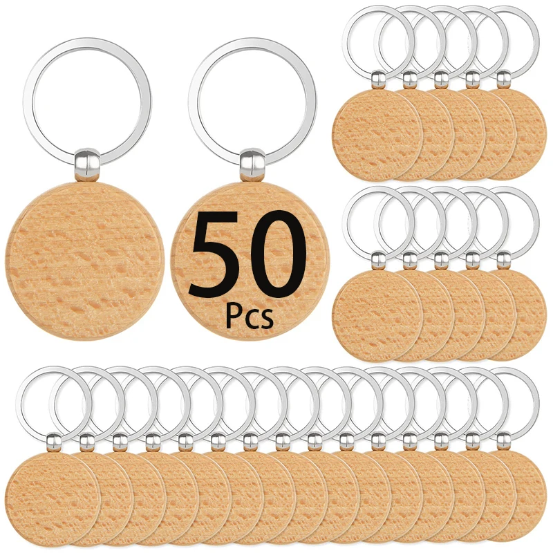 50Pcs Blank Wooden Keyring DIY Promotion Wood Keychains Key Tags