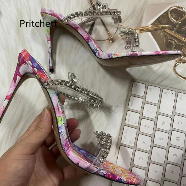 

Rhinestone Strap High Heels Women's Slippers Prints Transparent Open Toe Back Empty Summer Shoes Stiletto Party Catwalk Sandals