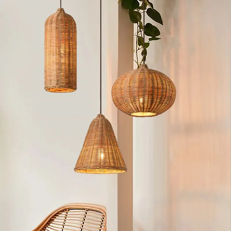 Retro Rattan Pendant Lamp Japanese Wicker Chandelier For Dining Room Kitchen Restaurant Decor Dining Table Bamboo Hanging Lamp