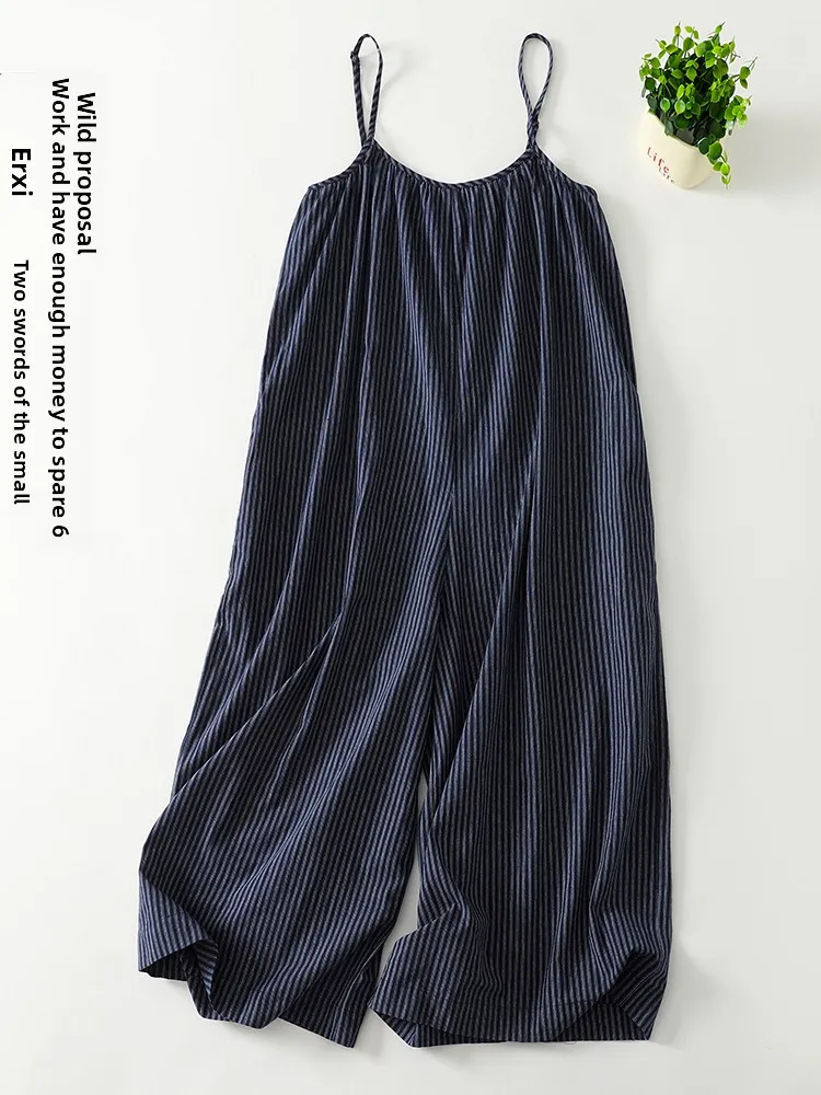 กางเกงเอี๊ยมผู้หญิงลายทางสีน้ำเงินสไตล์เกาหลีทรงหลวมขาบานเอวสูงแบบลำลองความยาวเก้าส่วน