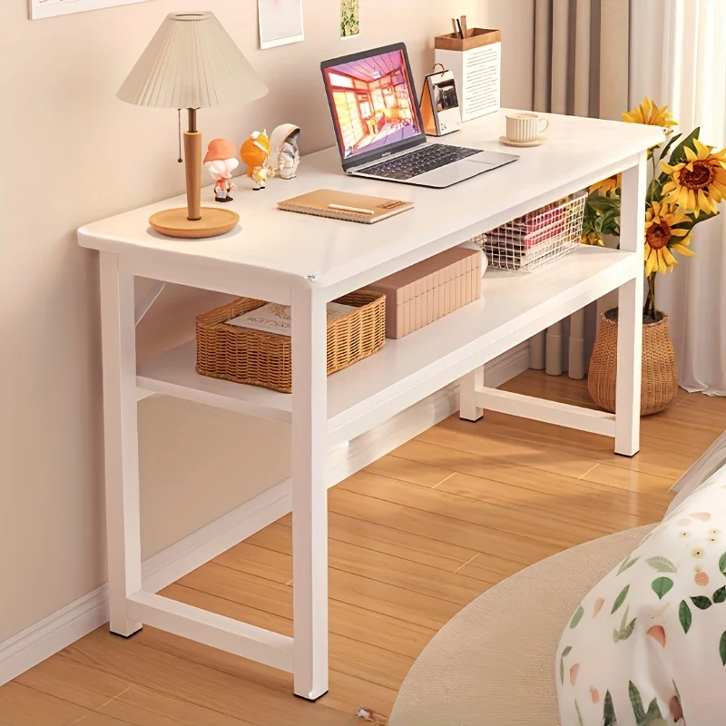 

Double Layered Computer Desk Dressing Table Wall Mounted Space Saving Long Workbench With Iron Frame And Metal Top For Bedroom