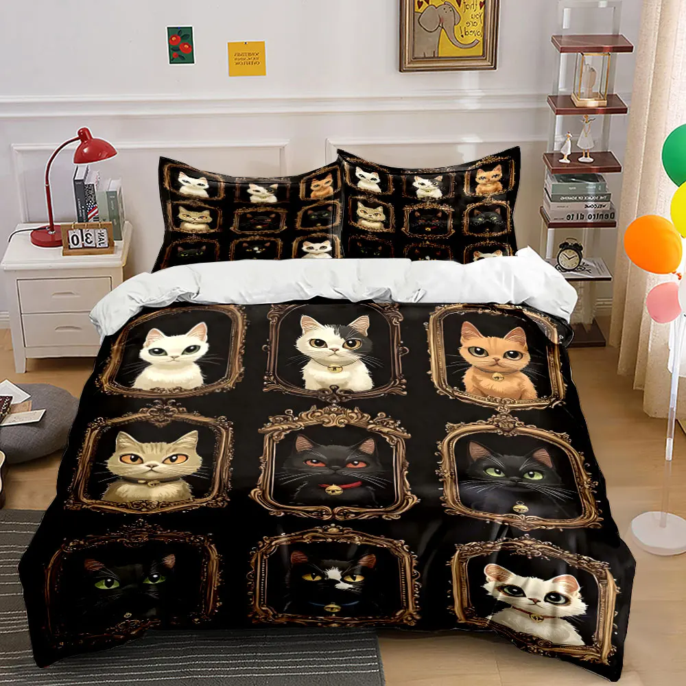 Cute Cat Illustration Duvet Cover Print Bedding Set 1 Duvet Cover 2 Pillowcases for Adult and Children Luxury Gift Full Size