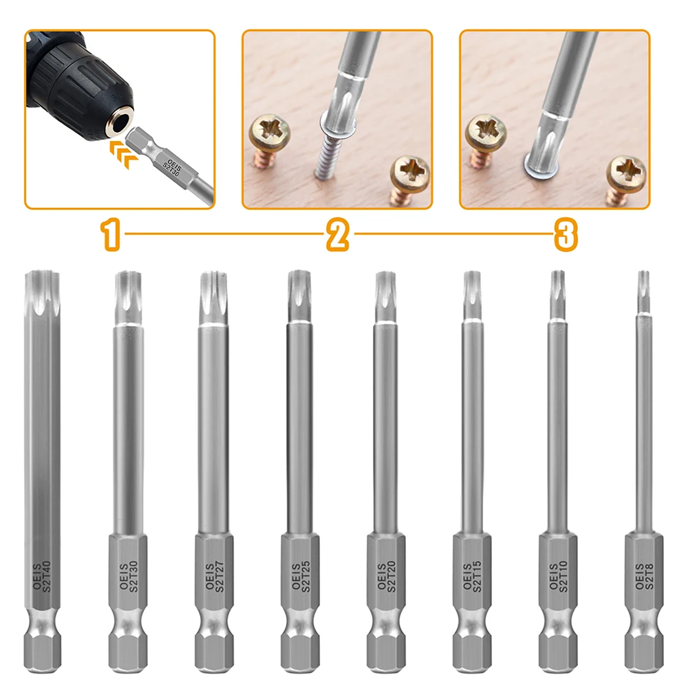 8pcs 50-200mm Torx Bits Hex Security Bit Set Tamper Proof Screwdriver Drill Bit Screw Driver Bits Torx Head 1/4" Hex Driver Bits