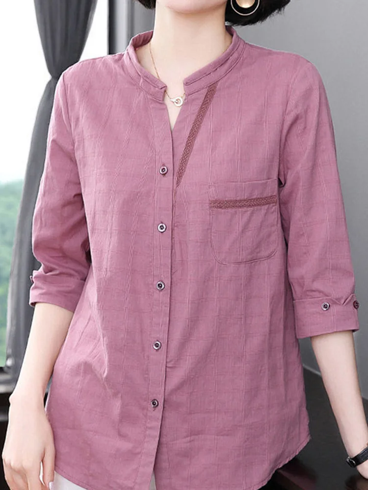 2022 New Summer Cotton Linen Fashion Casual Vintage Plaid 3/4 Sleeve Oversized Comfortable Simple Shirt Blouse Female Loose Top