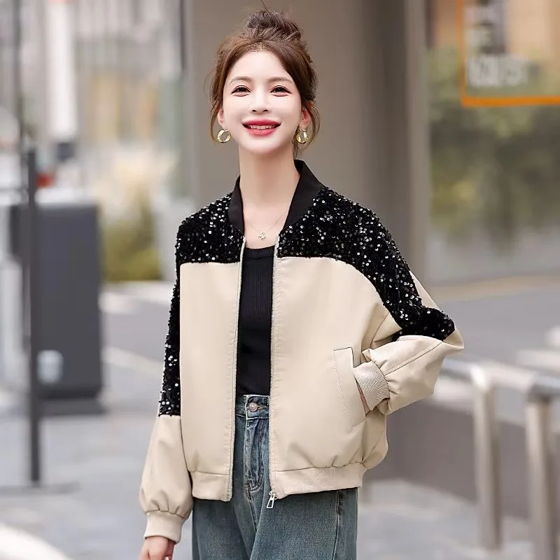 Stock New Splicing Fashion Velvet Sequin Biker Jacket Baseball Jacket Leather Jacket Short Coat Everything Casual Fashion Simple