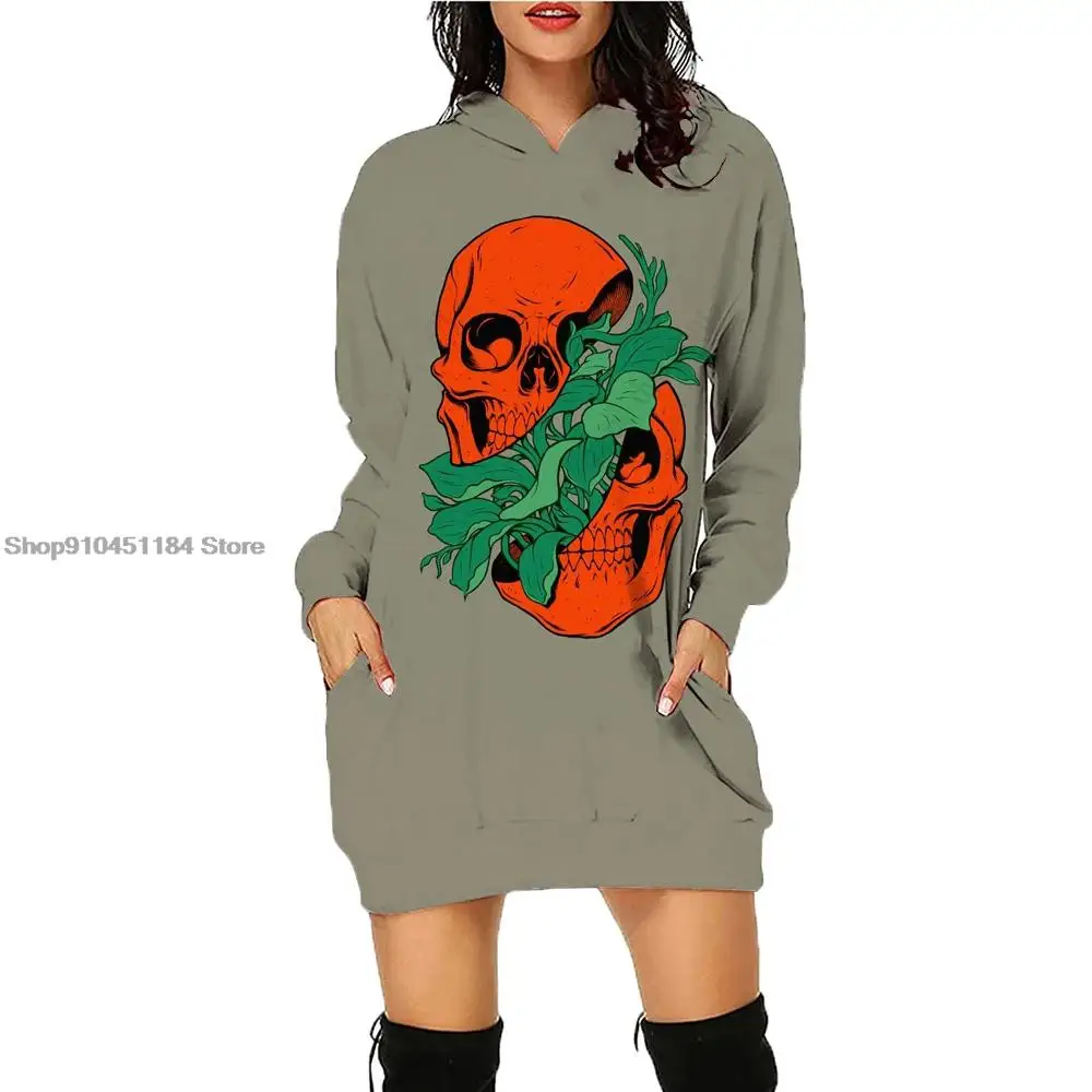 Modieuze Sweatshirt Jurken Voor Dames Met Schedelprint En Capuchon, Casual Jurk Met Capuchon En Lange Mouwen, Loszittende, Veelzijdige Retro Jurk