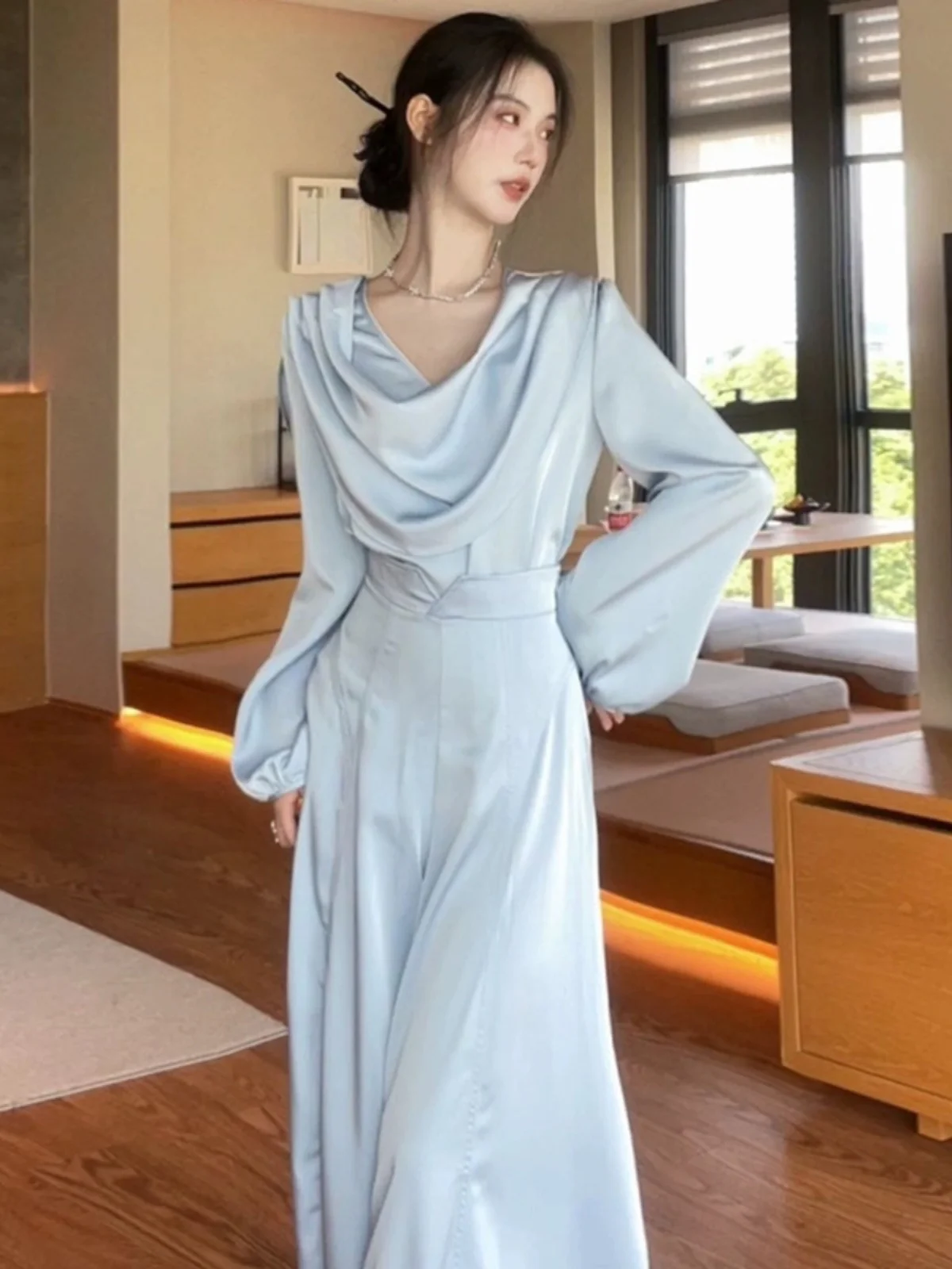 

Stunning Wide Leg Pants Set Beautiful Drapey Top Bottoms Matching Full Set Early Autumn Fashionable Women's Two-Piece Suit