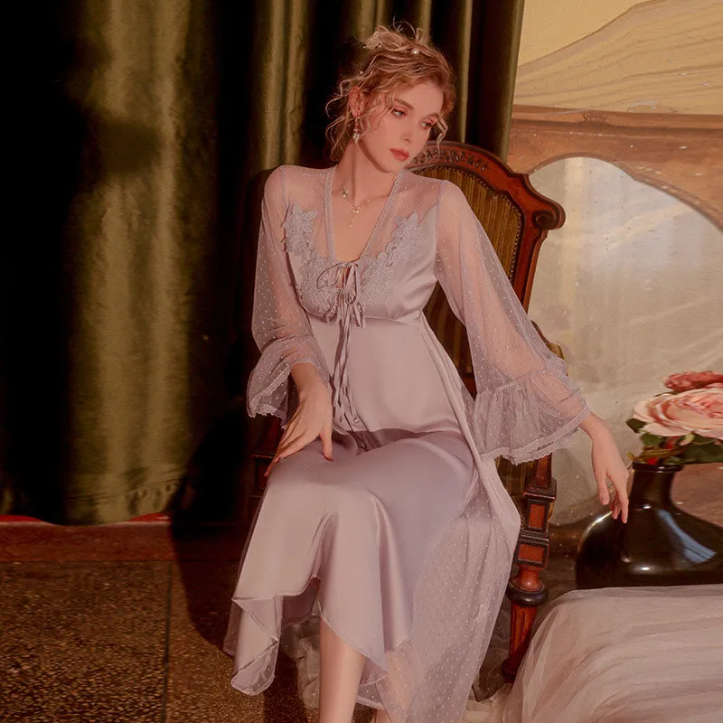 

Lace Long Sleeve V-Neck Nightdress Women Sleepwear Nightgown Loungewear Summer Silky Satin Morning Gown Home Wear Clothes