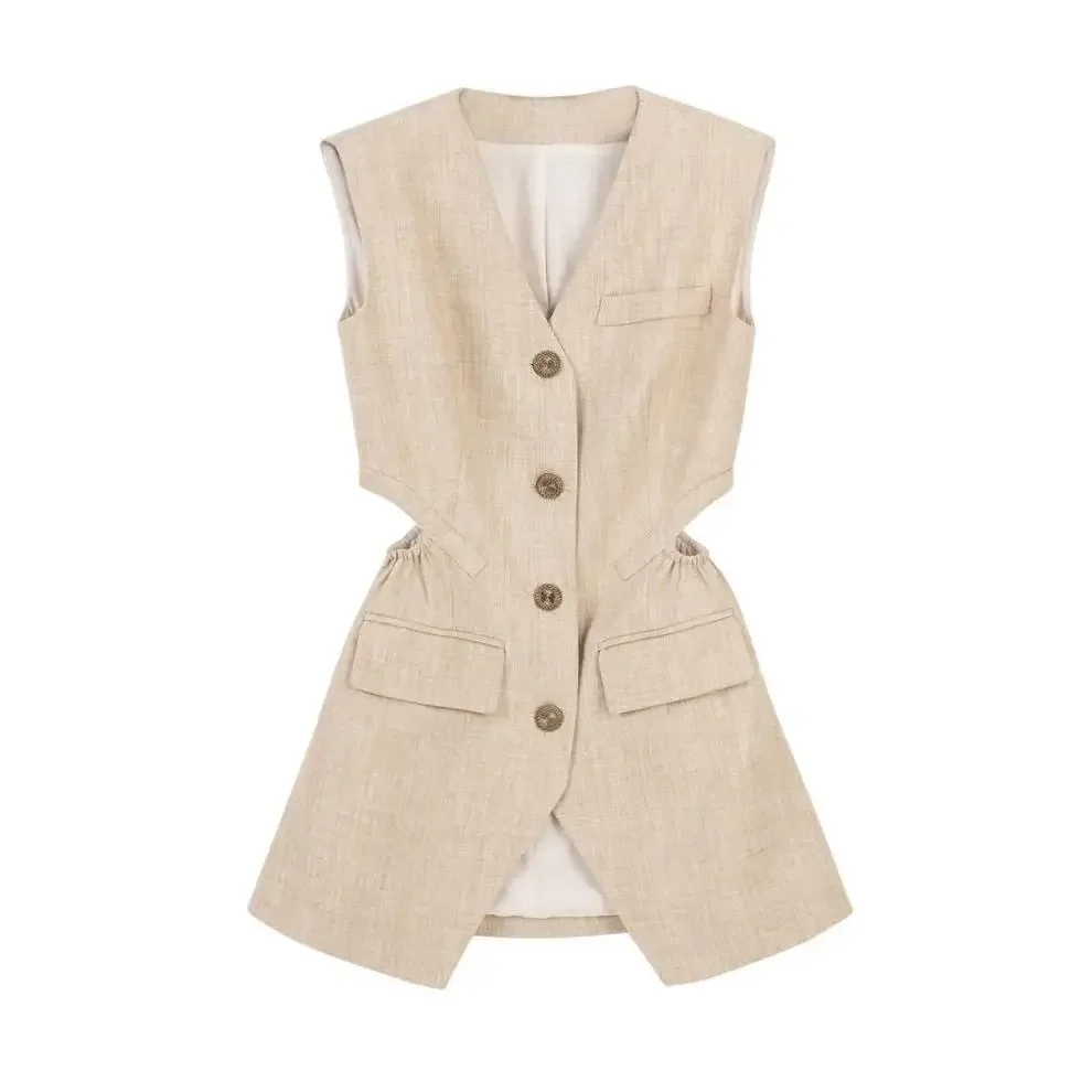 Women Fashion Beige Blazers 3 Piece Sets V Neck Sleeveless Hollow Out Slim Vest High Waist Shorts Loose Casual Suit Coat Set