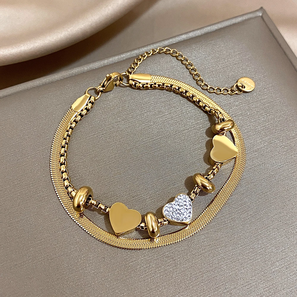 

Freetry Double Link Chain Bracelet Stainless Steel Heart Bangle with Rhinestones for Women Chunky Snake Bone Chain Wrist Jewelry