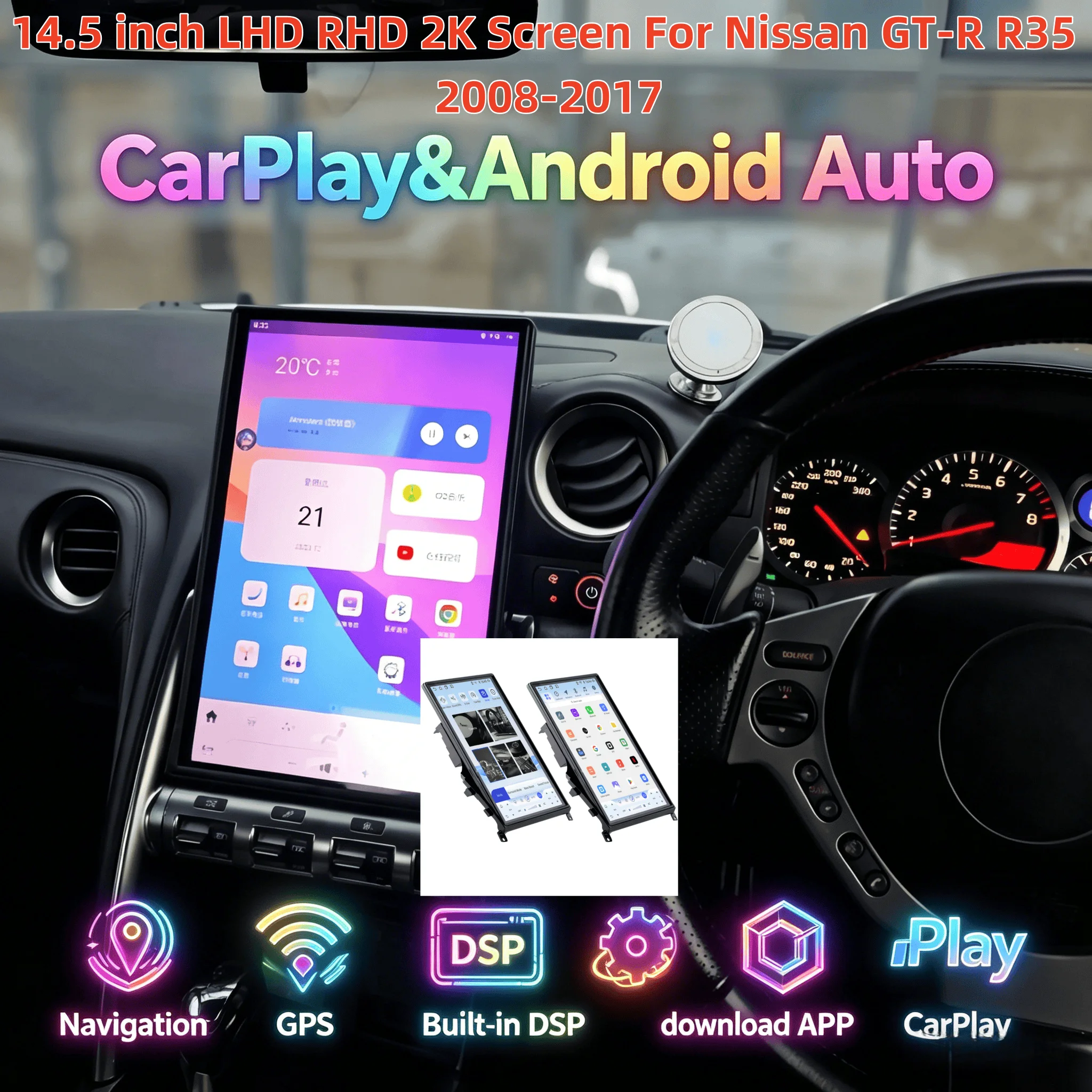 

14.5" Android Auto Carplay Car For Nissan GTR GT-R R35 2008-2017 RHD Smart GPS Navi Car Radio Stereo Player DSP Tape Recorder