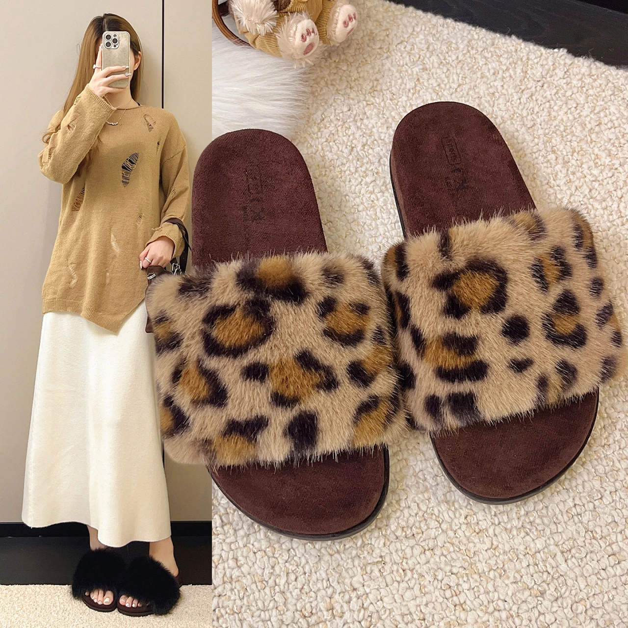 

Autumn Winter Leopard Print Slippers Women's Fashion Plush Fur Slides Home Flip Flops Indoor Warm Living Room Shoe