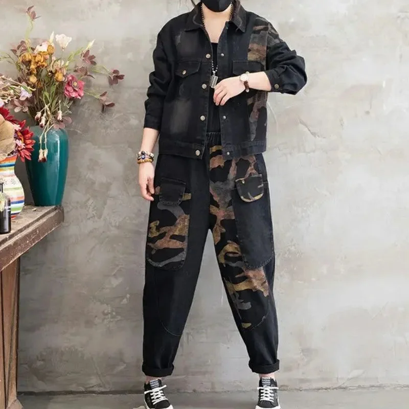 European Fashion Denim Set Women's Spring Autumn New Edition, Internet Red Camo Splicing Short Coat, Haren Pants Two Piece Sets