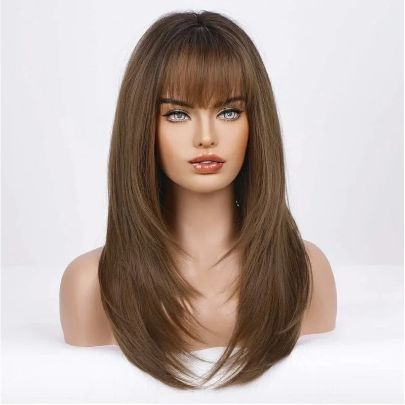 Hair Long Straight Layered Dark Brown Bangs wigs 20in