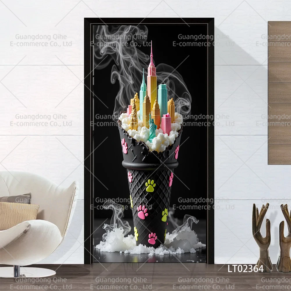 Creative Technology Ice Cream Fruit Decorations Artistic Doors Wallpaper Stickers for Door Bedroom Living Room Cabinets Decor