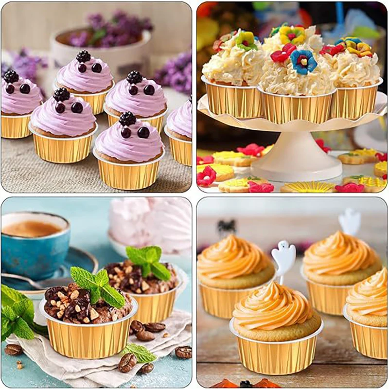 50Pcs Disposable Mini Baking Cups Aluminium Foil Cake Pans With Lids Spoons Heat Resistant Muffin Cake Cup For Gatherings Party