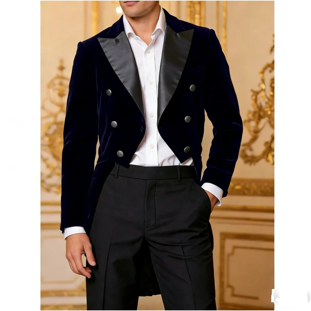 

Мужской костюм-двойка: длинный бархатный пиджак, черные однотонные брюки, двубортный фрак. Формальный наряд для жениха, свадьбы, вечеринки, выпускного вечера.