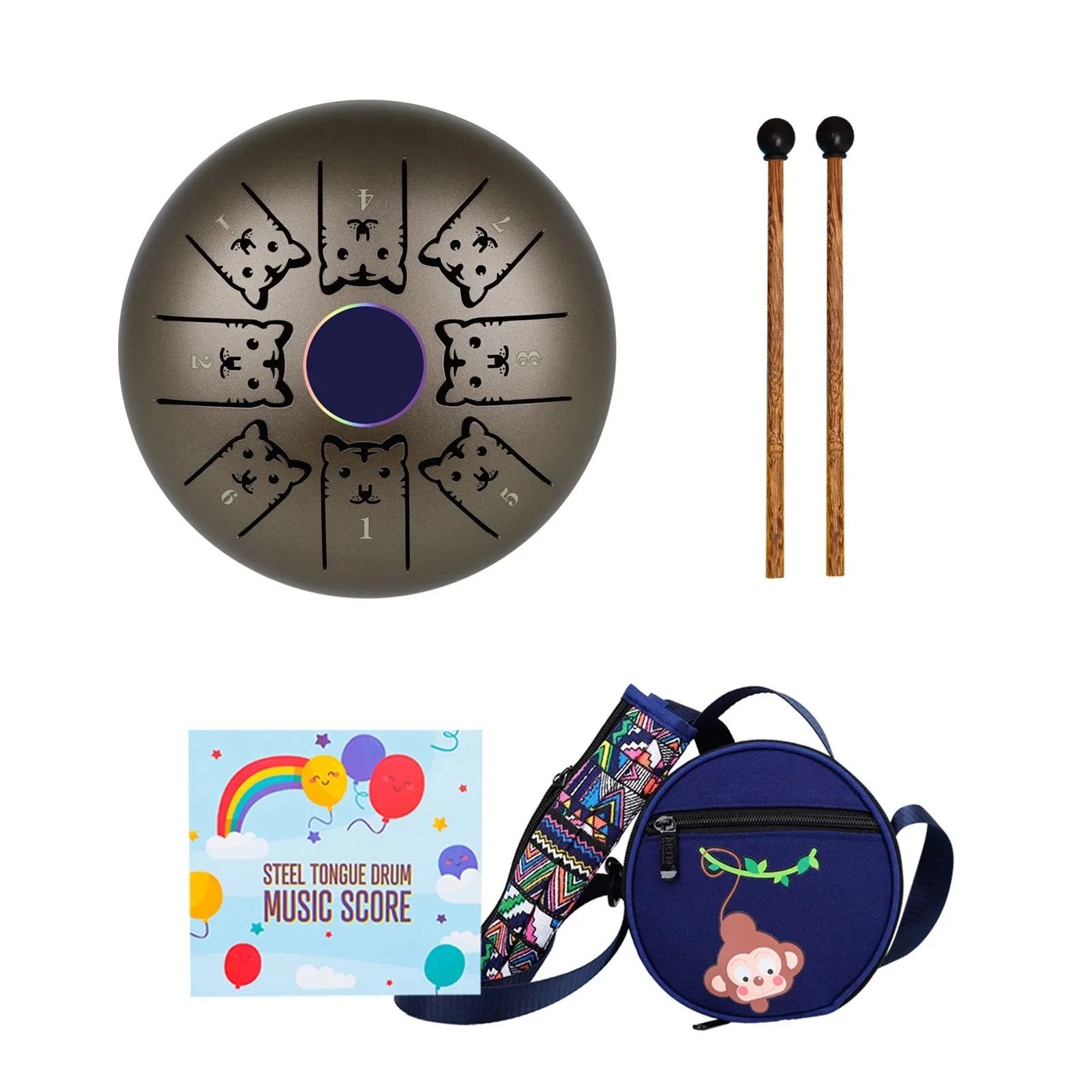 5.5 Inches Mini Steel Tongue Drum 8 Notes C Key Handpan Drum Chinese Patterned Tank Drum Percussion Instrument with Bag M