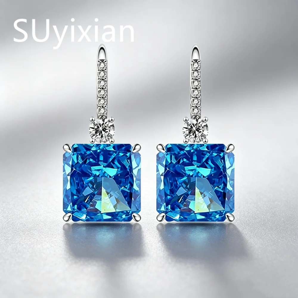 925 Sterling Silver Fashion Ice Flower Cut Square Crystal Zircon Ear Hook Birthday Anniversary Wedding Party Gift Ladies Jewelry